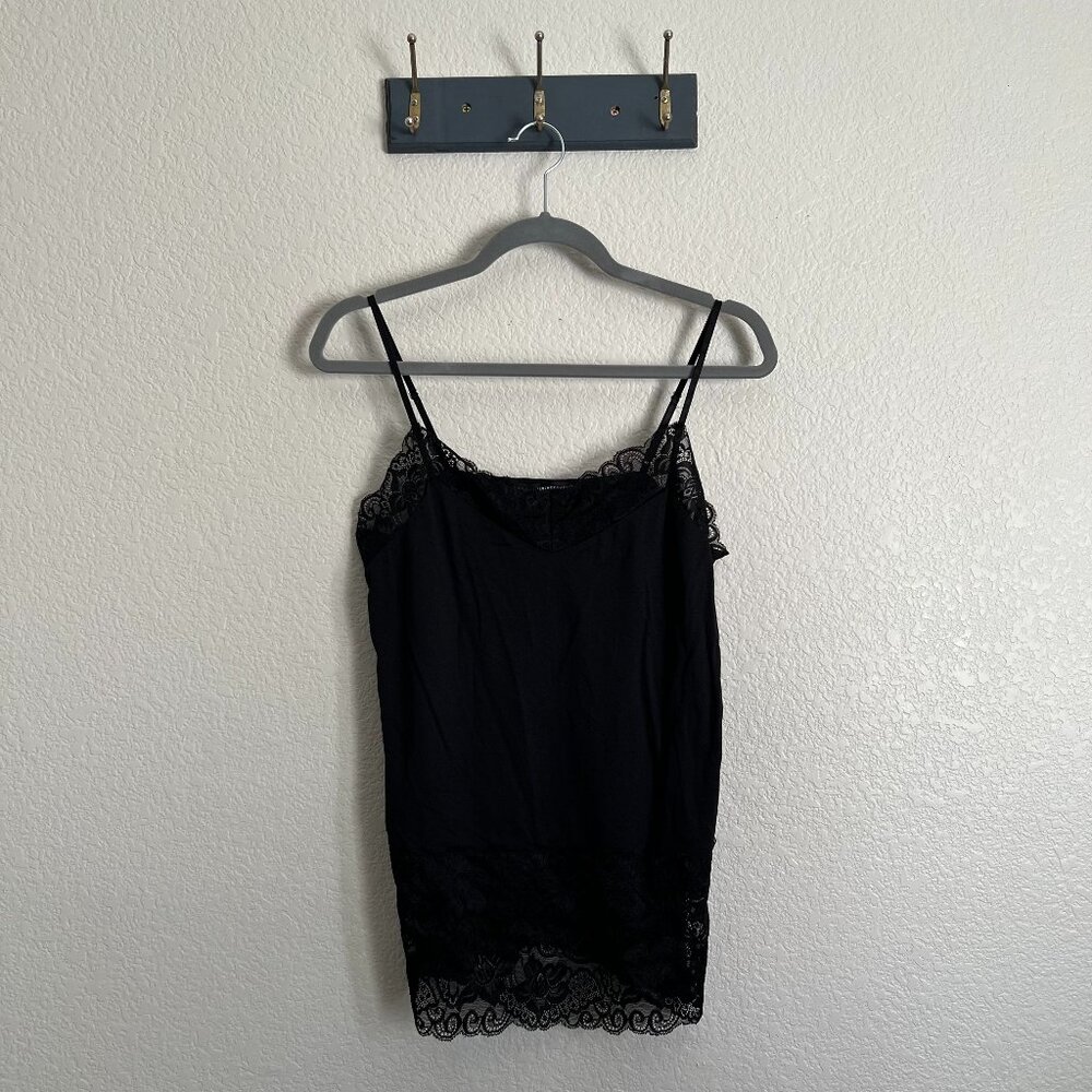 White House Black Market Black Lace Trim Y2K Tank Top Women L Stretchy Babydoll!